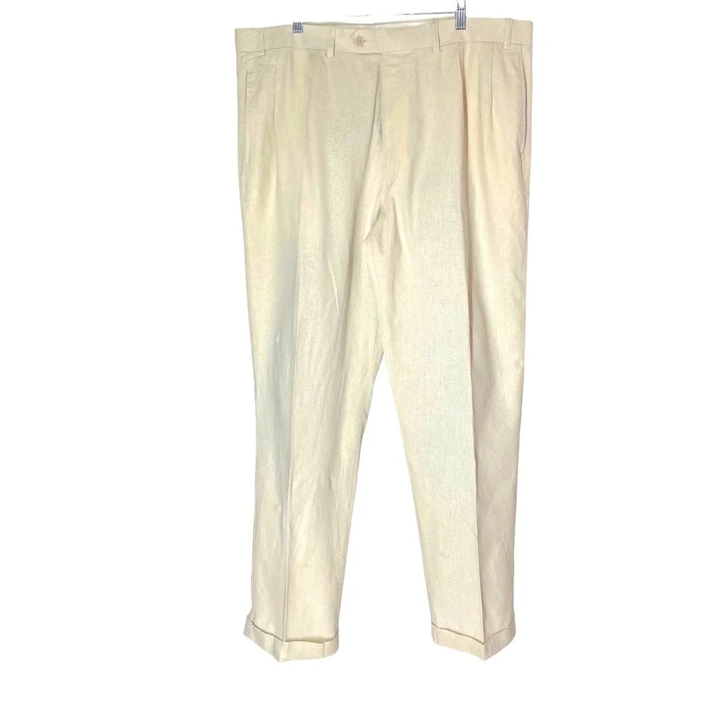 Harold Powell Mens 33x28 Beige 100% Linen Herringbone Pleated Cuffed Pants Italy